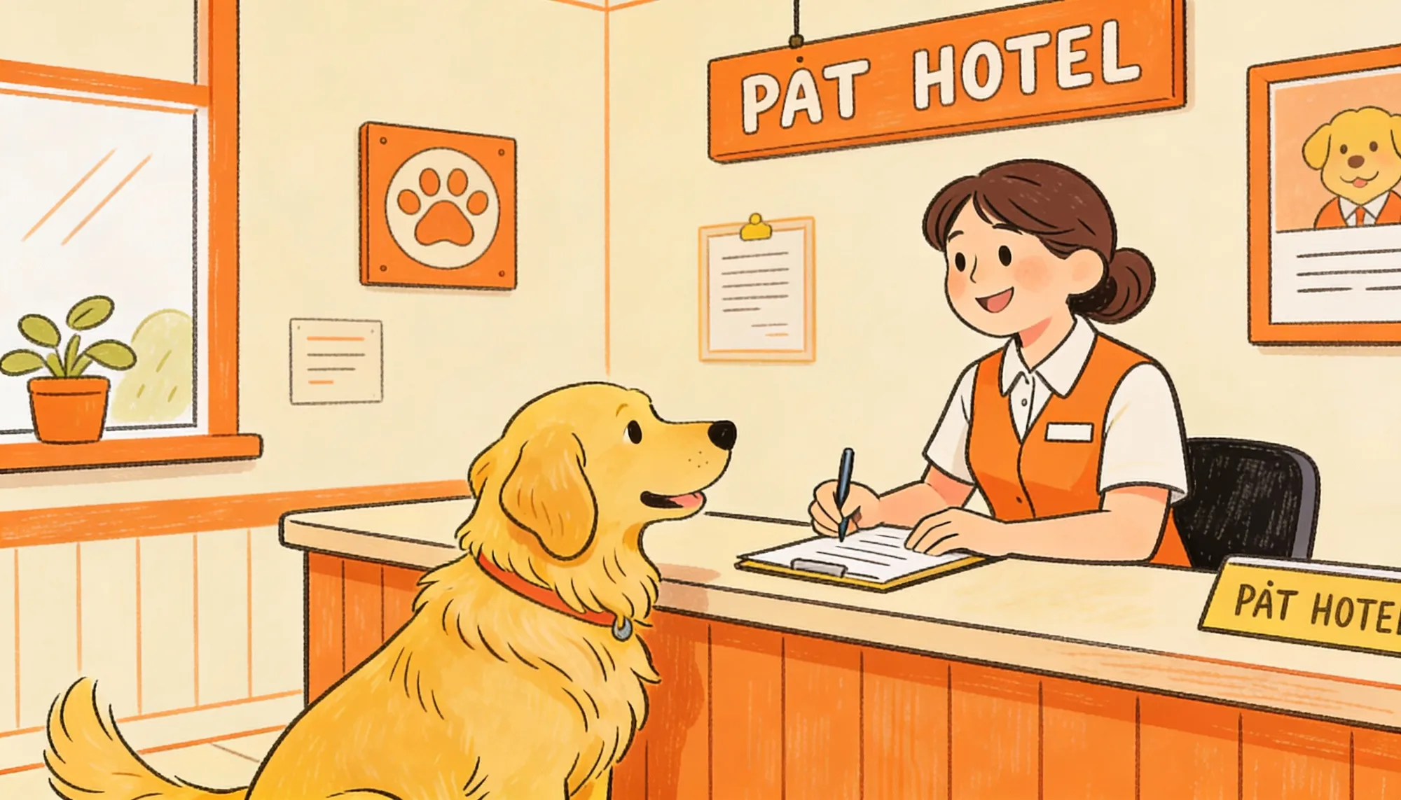 Pet otel resepsiyon - Golden retriever check-in görseli